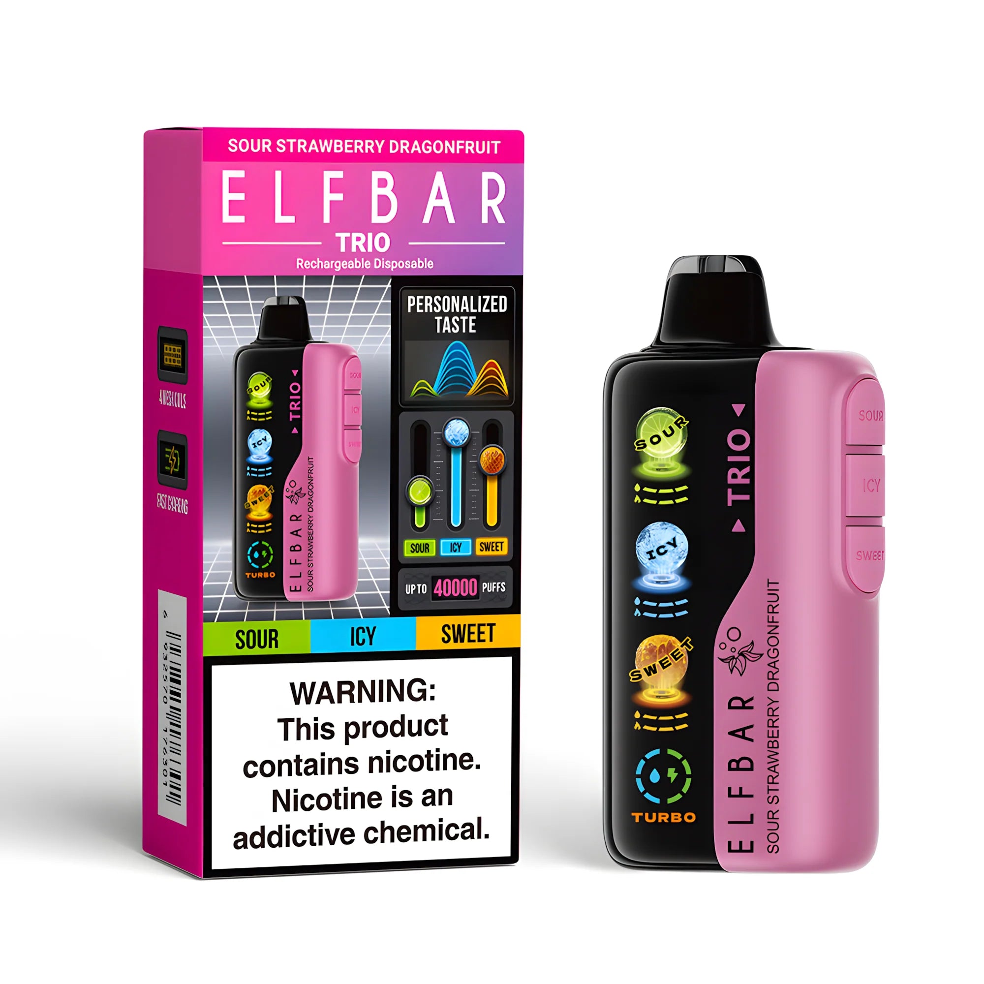 ELF BAR Trio 40000 Sour Strawberry Dragonfruit 5% nikotin – termék dobozzal